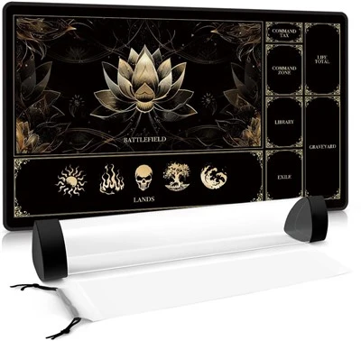 Tappetino MTG di Magic The Gathering con zone di gioco, tappetino da gioco di carte Lotus Basic Lands color oro da 24 x 14 pollici, base antiscivolo con bordo cucito, fornito con tubo del tappetino prismatico